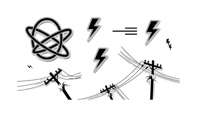 Obraz premium power outage geometric rings intersecting lines and minimal lightning icons realistic black and white downed power lines and broken utility poles after storm