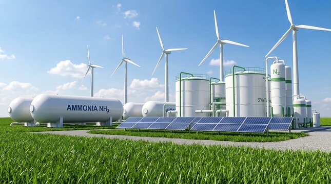 green ammonia, renewable energy, wind turbines, solar panels, storage tanks, clean fuel, sustainability at a modern industrial facility for zero-emission energy production and storage.