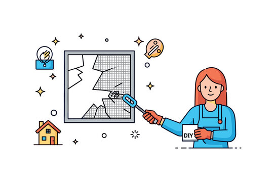 Broken window screen seasonal maintenance scene where a screen is prepared for replacement while small sparkle and line icons highlight care, upkeep, and