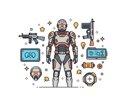 Battle-ready costumes futuristic soldier concept where armored suits and tech accessories are displayed while small sparkle and line icons emphasize readiness,