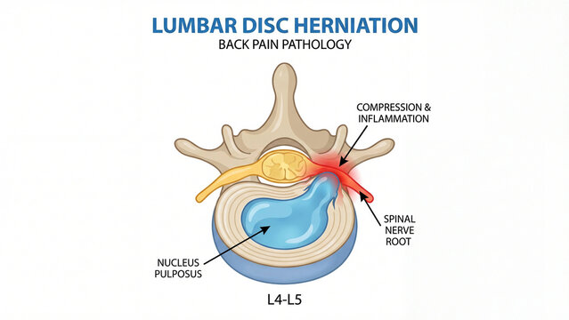 Lumbar disc herniation back pain pathology medical diagram illustrating spinal nerve root compression nucleus pulposus displacement and inflammation for orthopedic healthcare anatomy education