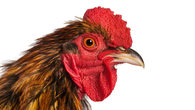 Detailed portrait of a vibrant rooster head with bright red comb and wattle displaying sharp beak and textured feathers, isolated on transparent background for farm themes