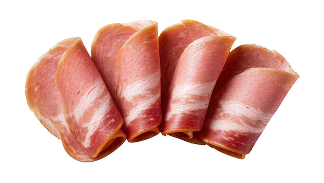 Stacked slices of cured pink ham showcasing a marbled texture and delicate fat layers, isolated on transparent background for culinary designs