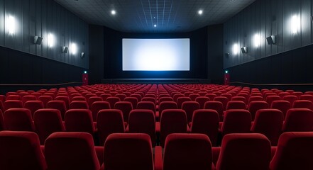 Fototapeta premium An empty modern movie theater with rows of plush red velvet seats awaiting an audience, facing a brightly lit blank screen, ready for a captivating cinematic experience to unfold before patrons