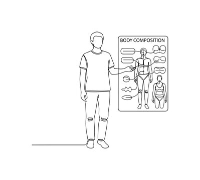 Fitness Evaluation. Minimalistic one-line drawing person standing next to body composition chart, continuous single black line on white background, simple