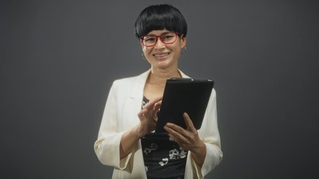 Young chinese woman in cream jacket and red glasses touches a tablet with fingers in a studio, focused on its screen and scrolling content; concentration digital learning.