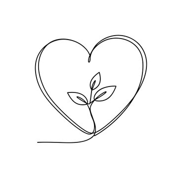 Hopeful Heartbeat. Minimalistic one-line drawing heart with small plant or sprout inside, continuous single black line on white background, simple outline