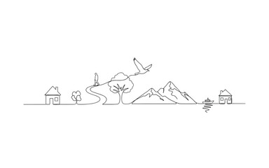 Obraz premium Visual Storytelling. Minimalistic one-line drawing hand drawing illustrations connected to story, continuous single black line on white background, simple