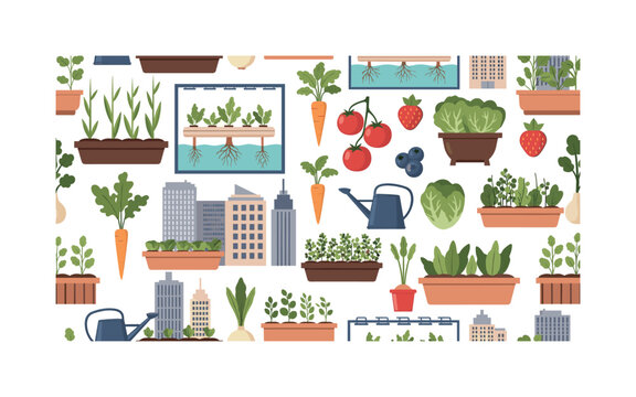 rooftop farm motifs seamless pattern, repeating pattern, surface design, textile print, modern illustration of urban gardens, vegetables, fruits, hydroponic