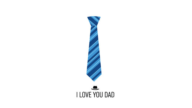 Blue striped necktie illustration with a small hat icon and i love you dad text for a heartfelt fathers day message.