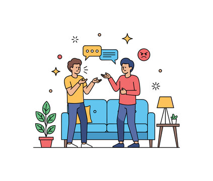 Fight between friends home disagreement concept where two friends gesticulate while standing in a living room while tiny sparkle and star icons highlight mild
