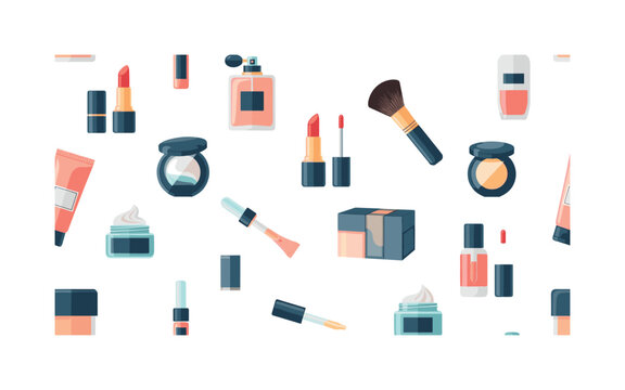 beauty product icons seamless pattern, repeating pattern, surface design, textile print, modern illustration of lipstick tubes, perfume bottles,