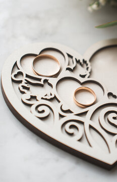 newlyweds wedding rings on a wooden heart-shaped stand