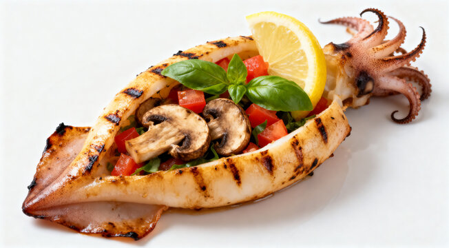Grilled squid filled with mushrooms, herbs, tomatoes and lemon isolated on white