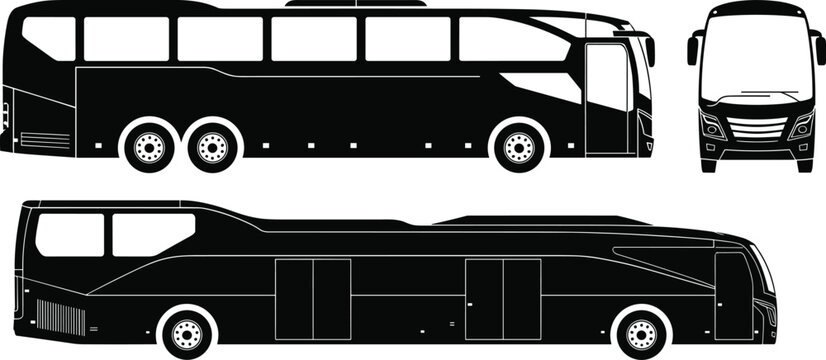 Luxury coach bus silhouette collection with side, front and rear views isolated vector transport illustration