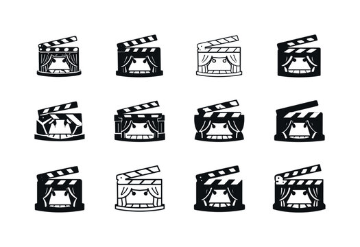 sitcom scene. Icon set. Set Logo of sitcom scene: clapperboard with stage. harmonious logo variations of the same emblematic concept, each with different