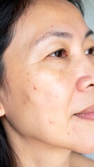 Fototapeta premium Close-up shot of an Asian woman's face from a low angle, highlighting skin texture, blemishes, and subtle wrinkles. The subject gazes upward, lit by natural light