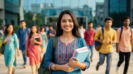young indian college girl holding books and backpack standing at collage campus
