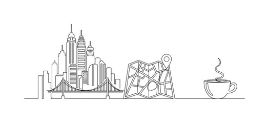 Naklejka premium City Getaway. Minimalistic one-line drawing skyline, map, and coffee cup representing urban vacation, continuous single black line on white background, simple