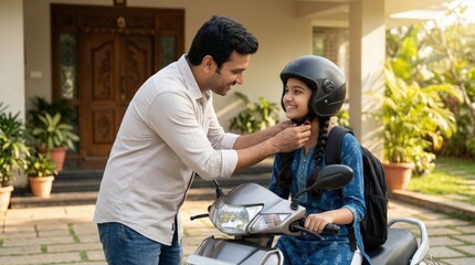 Fototapeta premium happy indian father helping to daughter wearing helmet sitting on scooter