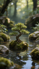 Fototapeta premium Bonsai tree in mossy stream with soft sunlight, vertical phone wallpaper, calm nature aesthetic