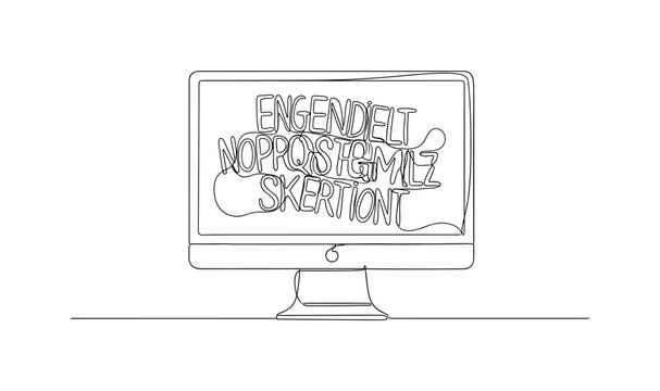 Digital Typography Exploration. Minimalistic one-line drawing computer screen showing creative text and font layout, continuous single black line on white