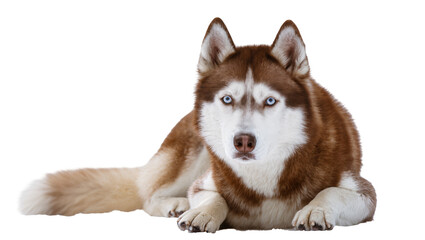 Majestic Siberian husky puppy with thick brown and white fur attentively gazing forward, isolated on transparent background for pet adoption posters © Paula