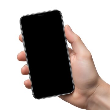 Person holding a sleek smartphone with a black screen in their right hand