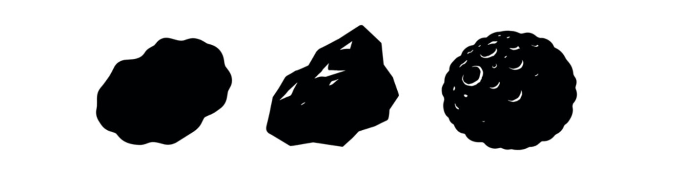 Asteroid silhouettes icon set. meteorite, meteoroid, space rock, debris, cosmic body. black shapes, solid, silhouette. flat vector illustration isolated on white background.