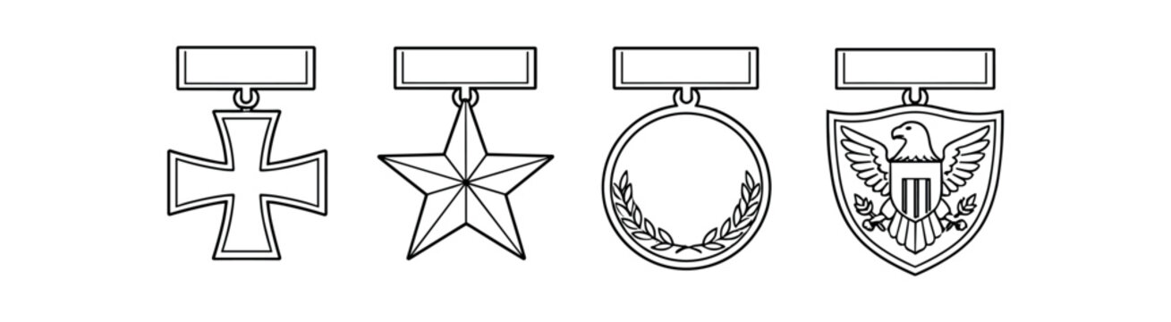 Military medals and shield line icon set. cross medal, star medal, round laurel medal, eagle shield badge outlined. awards, honors, insignia, ribbon, heraldry. line and flat vector illustration.