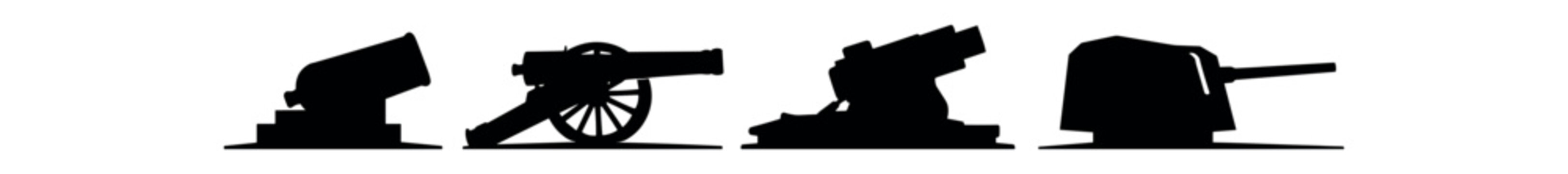 Cannon icon set. artillery, cannon, gun, howitzer, naval gun, fortress, battlefield. weapon, armament, defense, war, silhouette, historical, antique. flat vector illustration.