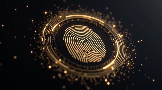 Golden fingerprint token on dark background representing kyc role in cryptocurrency onboarding and identity verification.