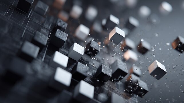 Abstract dark cubes and fragmented block forming a dynamic structure, symbolizing strategic planning business, innovation, analysis and transformation.