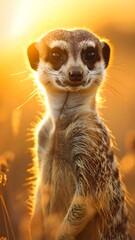 Fototapeta premium Close-up portrait of a small, upright mammal, lit from behind by a golden sunset. The fur texture is visible, with the creature's face in focus