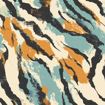 a pattern with black and white tiger stripes on a cream, teal blue, and orange-brown background, in the style of an abstract animal print