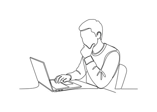 Writer at Desk. Minimalistic one-line drawing individual typing and thinking, continuous single black line on white background, simple outline style, no