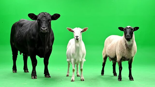 An isolated studio shot features a black cow, white goat, and sheep standing side-by-side against a vibrant green background.