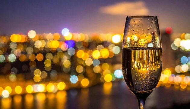 夜景を背景にシャンパングラスが並ぶ華やかなパーティー会場。
街の光とグラスの輝きがラグジュアリーな雰囲気を演出する。
暗い空間に光が映え、特別な時間を感じさせる構図。
イベント、祝賀、ナイトライフ、上質なライフスタイルに適したイメージ。

Keywords（日本語 47）