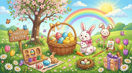 Obraz premium Easter bunnies with basket eggs rainbow spring flowers tree