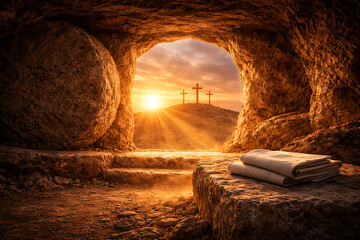 Plakat Bright golden sunrise shining through the rolled away stone of an empty tomb with folded garments signifying that jesus christ conquered death following good friday