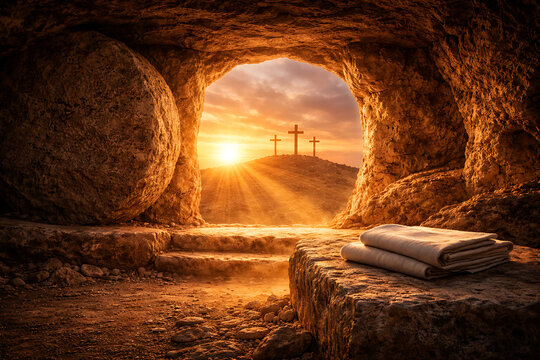 Bright golden sunrise shining through the rolled away stone of an empty tomb with folded garments signifying that jesus christ conquered death following good friday