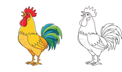 Cartoon Rooster Crowing and Coloring Page Outline Vector Illustration for Kids Education, Farm Animal Character Design, and Children's Activity Book © SHOHAG