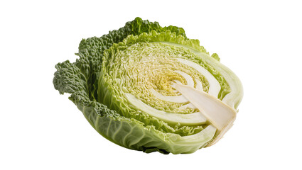Fototapeta premium Fresh Savoy cabbage head tightly curled green leaves with ruffled edges, isolated on transparent background for healthy recipes and food ads