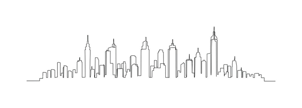 Urban Landscape. Minimalistic one-line drawing city skyline with varying building heights, continuous single black line on white background, simple outline