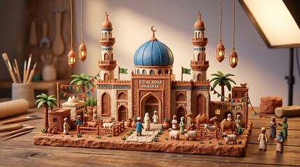 Obraz premium Miniature mosque sculpture with figures and decorations on wooden surface