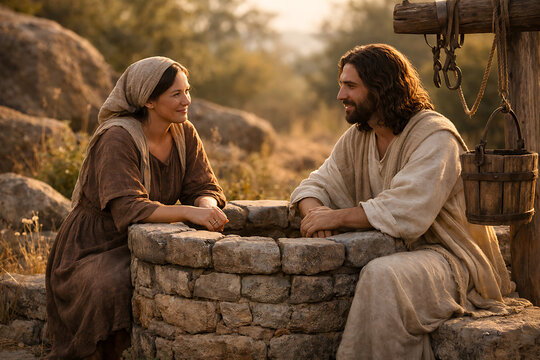 Samaritan woman talking to jesus christ by the ancient stone well in the desert landscape as they prepare for the events of the good friday