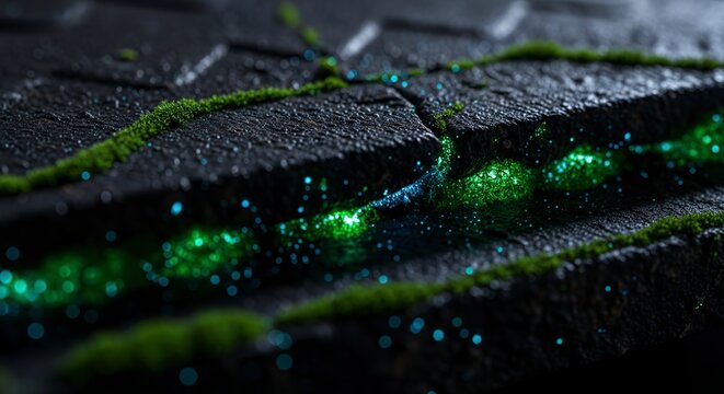 Glowing moss illuminates dark stone surface, close-up view.
