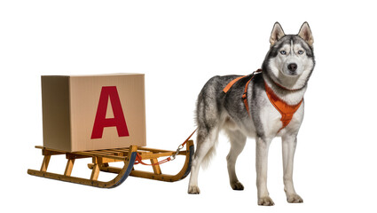 Majestic gray husky pulling a wooden sled loaded with a cardboard box labeled with a large red A , isolated on transparent background for winter themes © Paula