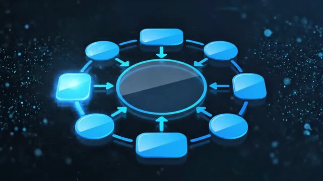 Ultra clean 4K motion graphic of circular flowchart infographic with 7 connected nodes, smooth rotating animation, glowing blue gradient lines, minimal corporate style