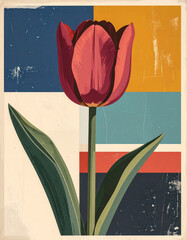 Red tulip bloom on geometric 1970's inspired background, retro style floral illustration